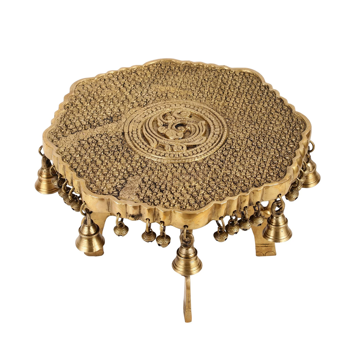 Brassaura® Three-Legged Elephant Chowki with Ghungroo Bells | Pure Superfine Brass Handcrafted Pedestal | Brass Bajot for Home Temple, Pooja Room | Height 11.8 Inches | Weight 8 Kgs