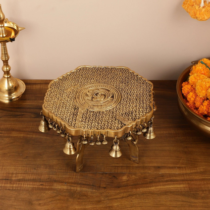 Brassaura® Three-Legged Elephant Chowki with Ghungroo Bells | Pure Superfine Brass Handcrafted Pedestal | Brass Bajot for Home Temple, Pooja Room | Height 11.8 Inches | Weight 8 Kgs