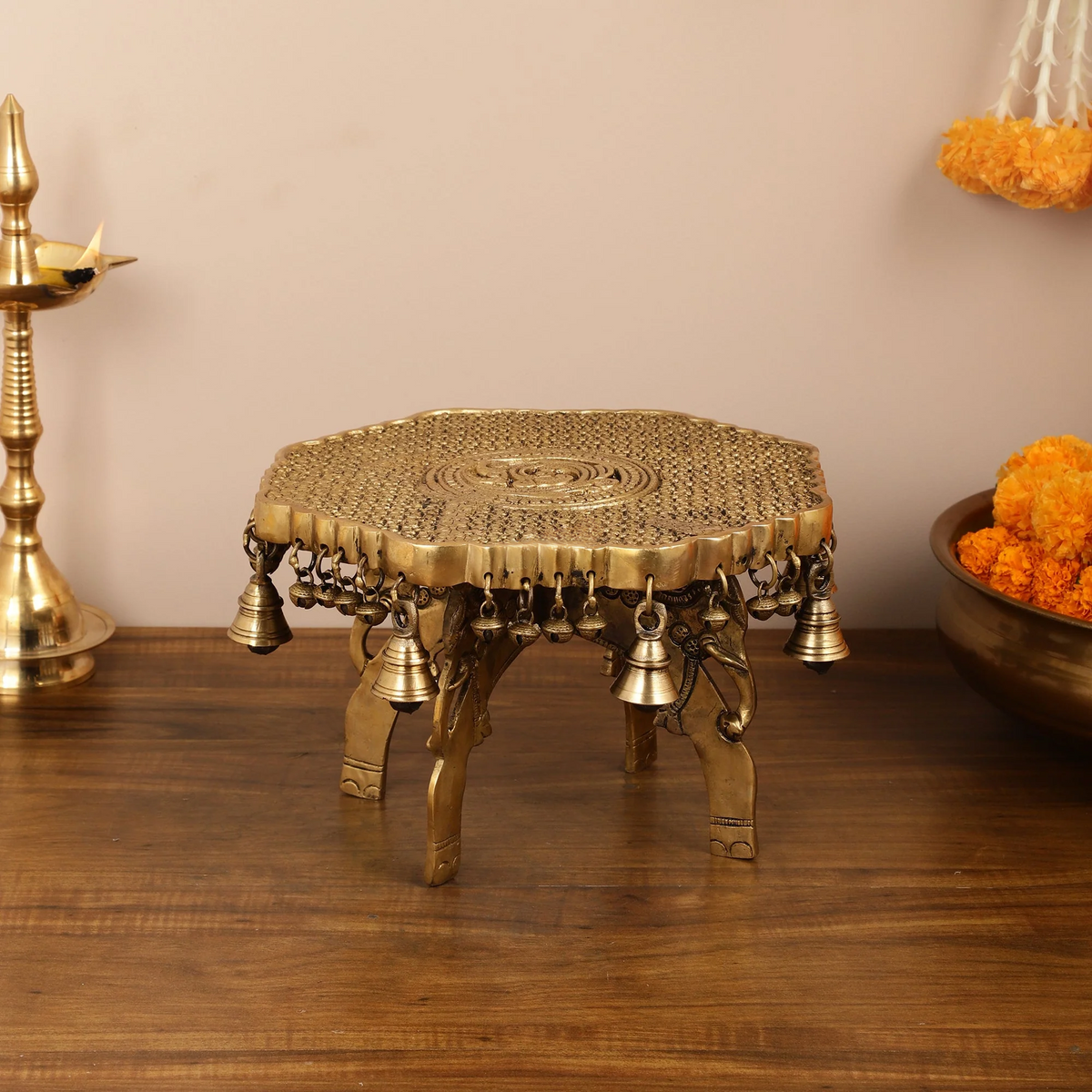 Brassaura® Three-Legged Elephant Chowki with Ghungroo Bells | Pure Superfine Brass Handcrafted Pedestal | Brass Bajot for Home Temple, Pooja Room | Height 11.8 Inches | Weight 8 Kgs