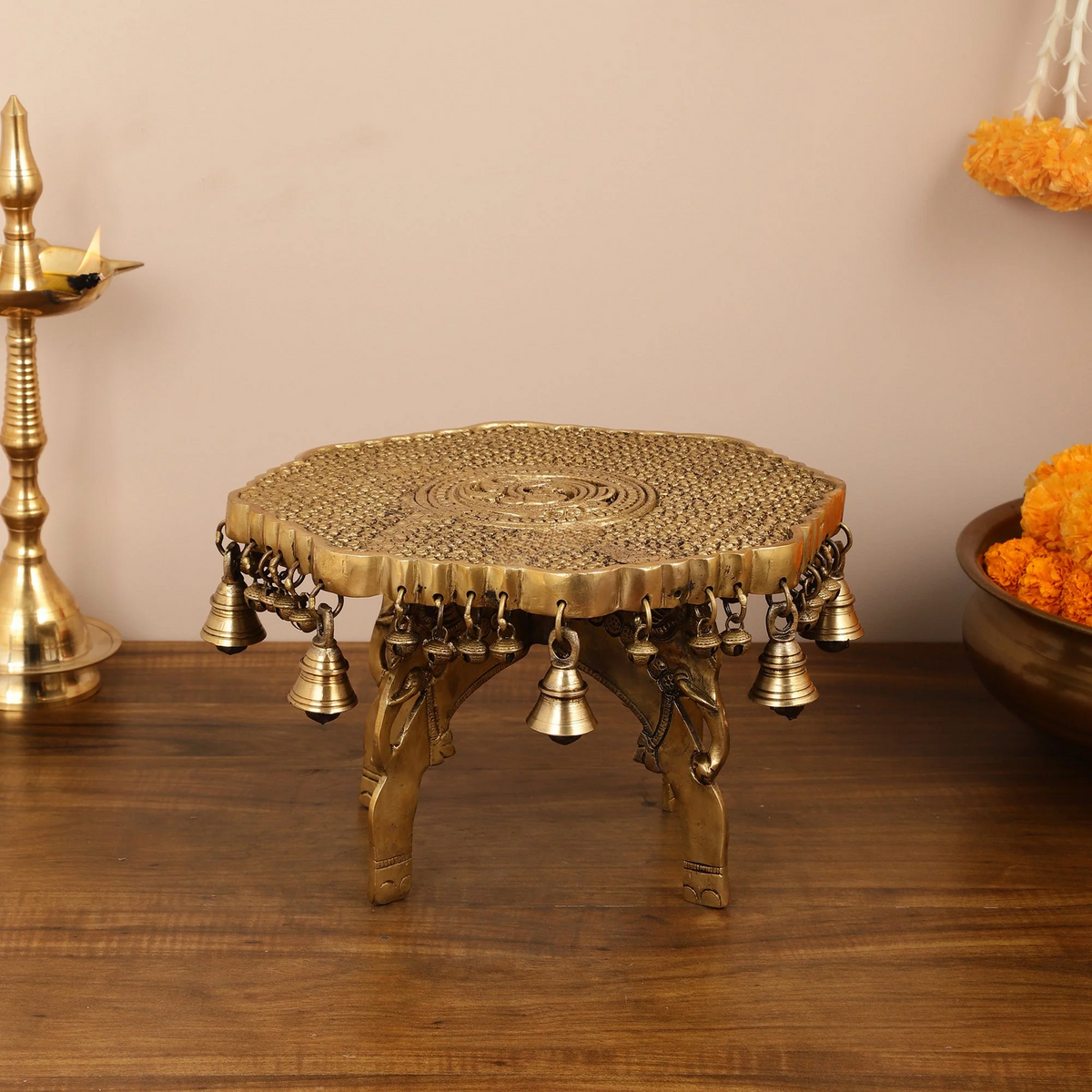 Brassaura® Three-Legged Elephant Chowki with Ghungroo Bells | Pure Superfine Brass Handcrafted Pedestal | Brass Bajot for Home Temple, Pooja Room | Height 11.8 Inches | Weight 8 Kgs