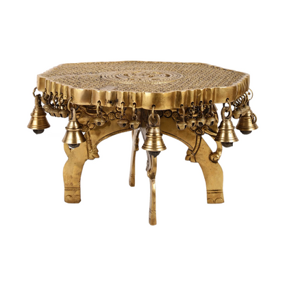 Brassaura® Three-Legged Elephant Chowki with Ghungroo Bells | Pure Superfine Brass Handcrafted Pedestal | Brass Bajot for Home Temple, Pooja Room | Height 11.8 Inches | Weight 8 Kgs