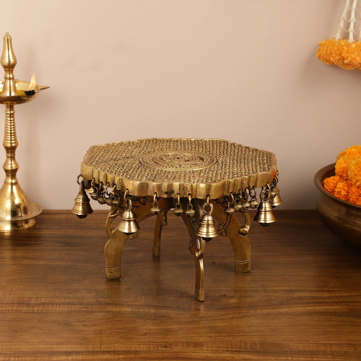 Brassaura® Three-Legged Elephant Chowki with Ghungroo Bells | Pure Superfine Brass Handcrafted Pedestal | Brass Bajot for Home Temple, Pooja Room | Height 11.8 Inches | Weight 8 Kgs