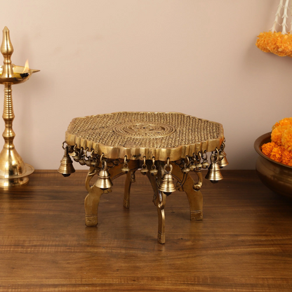Brassaura® Three-Legged Elephant Chowki with Ghungroo Bells | Pure Superfine Brass Handcrafted Pedestal | Brass Bajot for Home Temple, Pooja Room | Height 11.8 Inches | Weight 8 Kgs