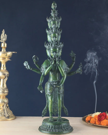 Brassaura™ Brass Eleven-Headed Eight-Armed Avalokiteshvara Statue | Height 23.2 Inches & Weight 7.1 Kgs