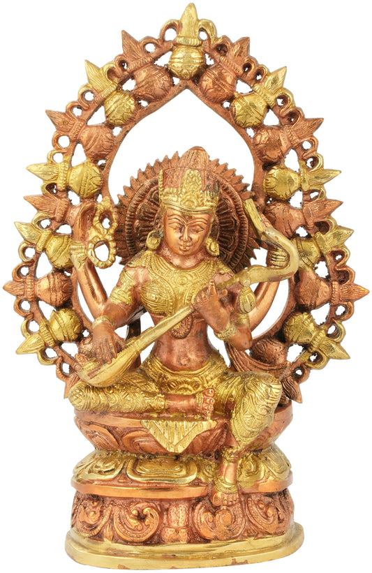 Brassaura® Seated Goddess Saraswati with Prabhavali | Brass in Copper-Gold Dual Tone Finish | Height 10.4 Inches & Weight 2.70 kgs