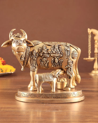 Brassaura™ Engraved Brass Kamdhenu Statue – Height 5" | Weight 2 Kgs