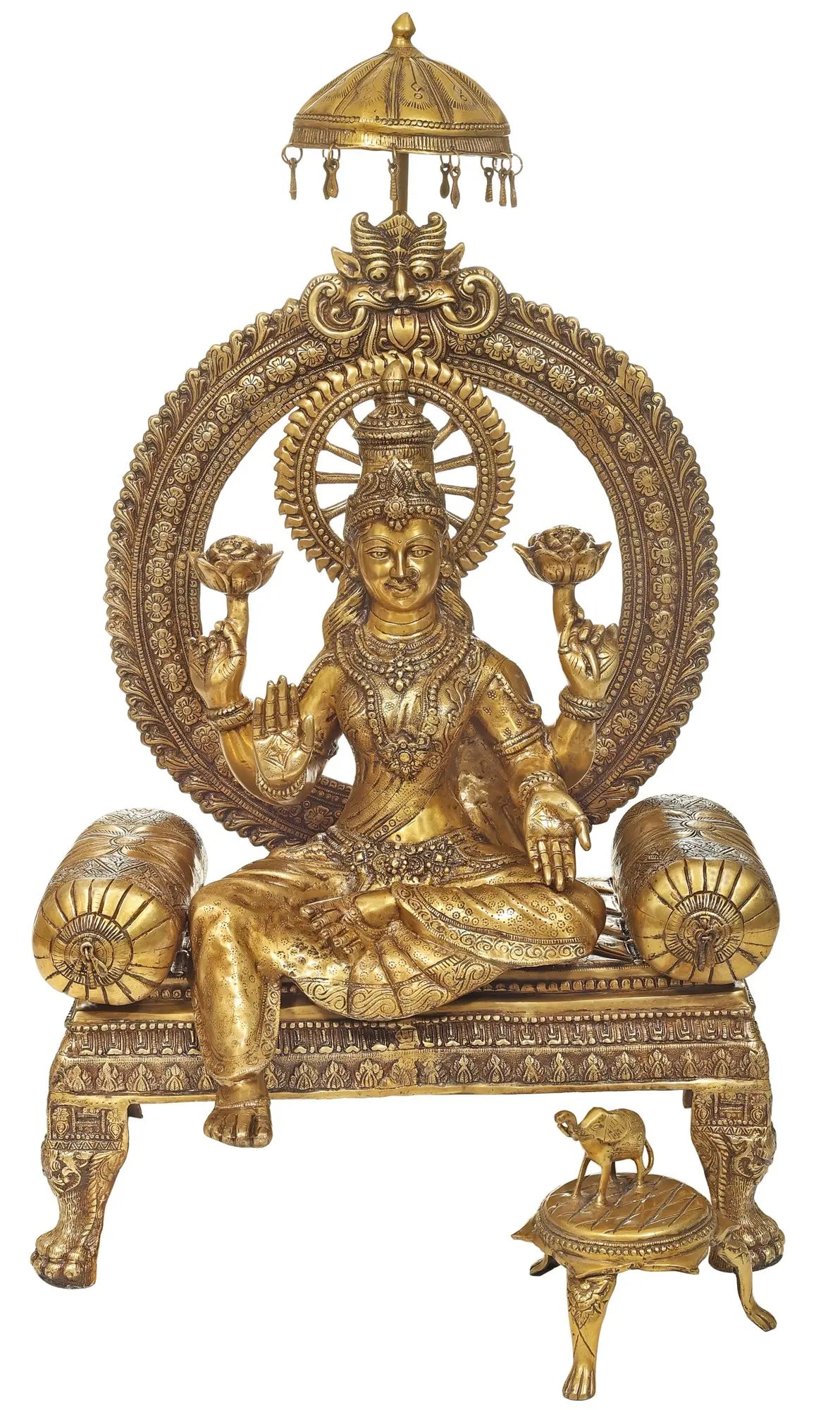 Brassaura® Goddess Lakshmi Seated on Ornate Simhasana with Prabhavali & Chatra | Height 46.5 Inches & Weight 76.14 kgs