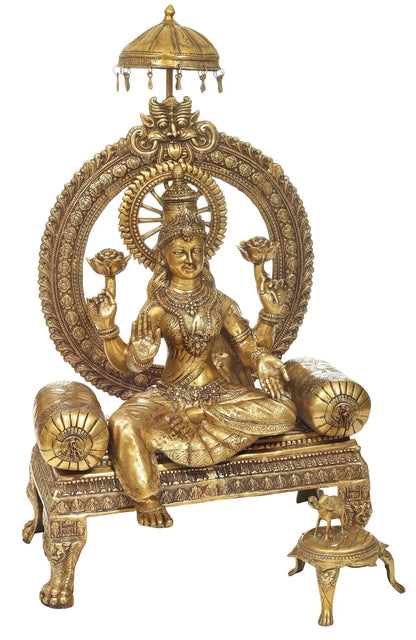 Brassaura® Goddess Lakshmi Seated on Ornate Simhasana with Prabhavali & Chatra | Height 46.5 Inches & Weight 76.14 kgs