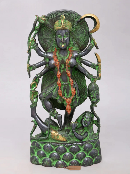 Brassaura® Kali Devi Standing Idol with Green & Black Antique Finish | Pure Superfine Brass Handcrafted Murti | Brass Statue for Home Temple, Pooja Room | Height 14.5 Inches | Weight 5.66 Kgs