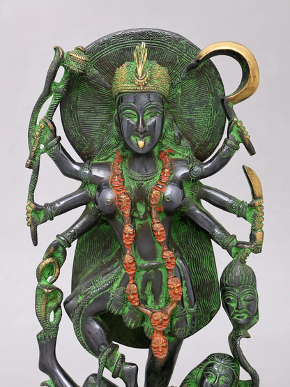 Brassaura® Kali Devi Standing Idol with Green & Black Antique Finish | Pure Superfine Brass Handcrafted Murti | Brass Statue for Home Temple, Pooja Room | Height 14.5 Inches | Weight 5.66 Kgs