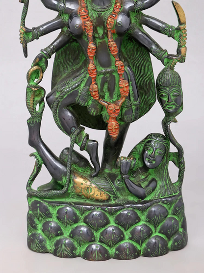 Brassaura® Kali Devi Standing Idol with Green & Black Antique Finish | Pure Superfine Brass Handcrafted Murti | Brass Statue for Home Temple, Pooja Room | Height 14.5 Inches | Weight 5.66 Kgs