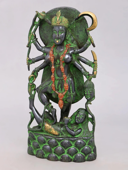 Brassaura® Kali Devi Standing Idol with Green & Black Antique Finish | Pure Superfine Brass Handcrafted Murti | Brass Statue for Home Temple, Pooja Room | Height 14.5 Inches | Weight 5.66 Kgs