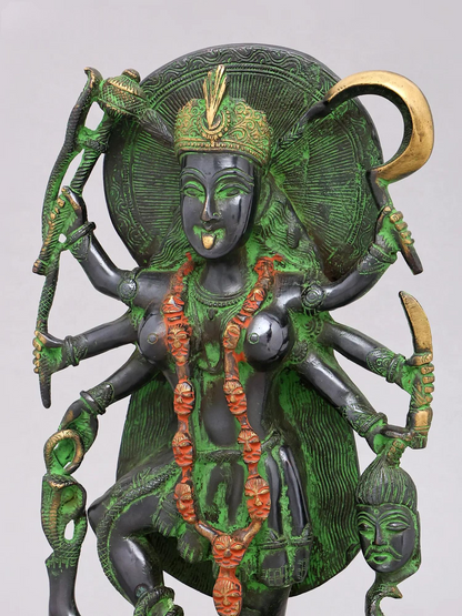 Brassaura® Kali Devi Standing Idol with Green & Black Antique Finish | Pure Superfine Brass Handcrafted Murti | Brass Statue for Home Temple, Pooja Room | Height 14.5 Inches | Weight 5.66 Kgs