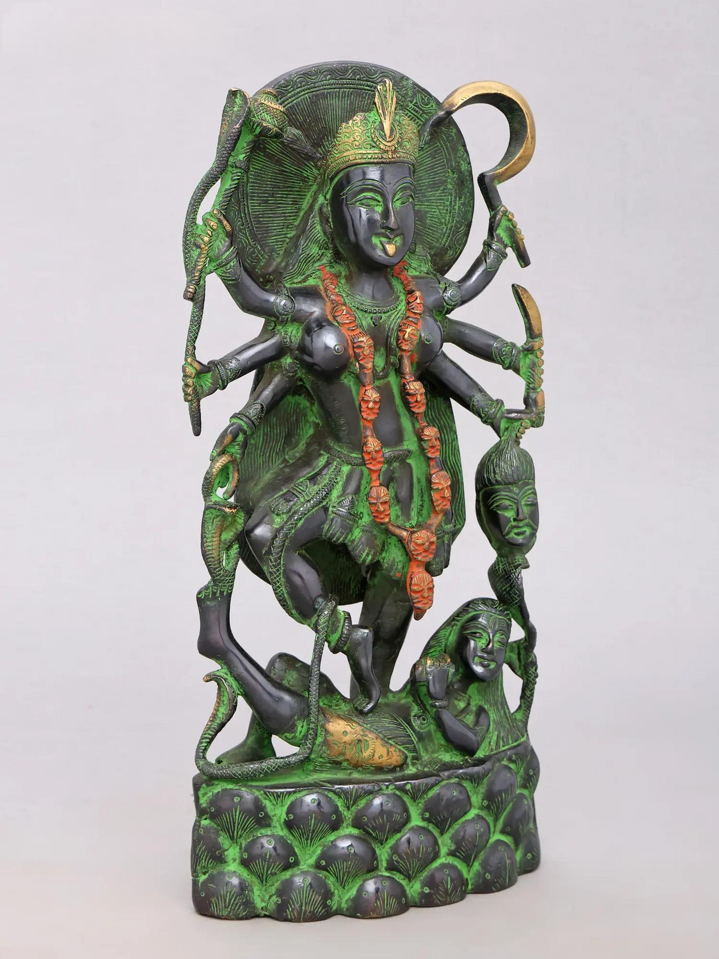 Brassaura® Kali Devi Standing Idol with Green & Black Antique Finish | Pure Superfine Brass Handcrafted Murti | Brass Statue for Home Temple, Pooja Room | Height 14.5 Inches | Weight 5.66 Kgs