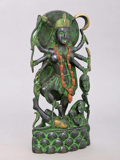 Brassaura® Kali Devi Standing Idol with Green & Black Antique Finish | Pure Superfine Brass Handcrafted Murti | Brass Statue for Home Temple, Pooja Room | Height 14.5 Inches | Weight 5.66 Kgs