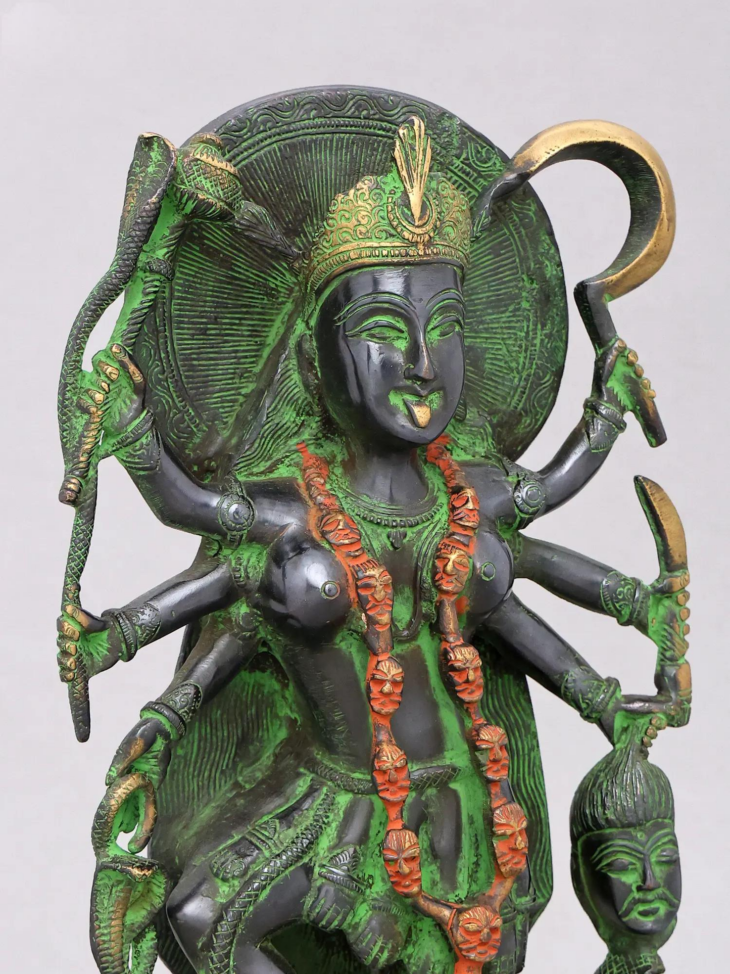 Brassaura® Kali Devi Standing Idol with Green & Black Antique Finish | Pure Superfine Brass Handcrafted Murti | Brass Statue for Home Temple, Pooja Room | Height 14.5 Inches | Weight 5.66 Kgs