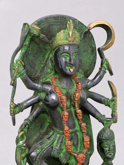 Brassaura® Kali Devi Standing Idol with Green & Black Antique Finish | Pure Superfine Brass Handcrafted Murti | Brass Statue for Home Temple, Pooja Room | Height 14.5 Inches | Weight 5.66 Kgs