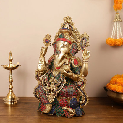 Brassaura™ Pure Brass Lord Ganesha Seated on Lotus | Handcrafted Stonework Idol | Weight 22 Kgs | Height 21 Inches