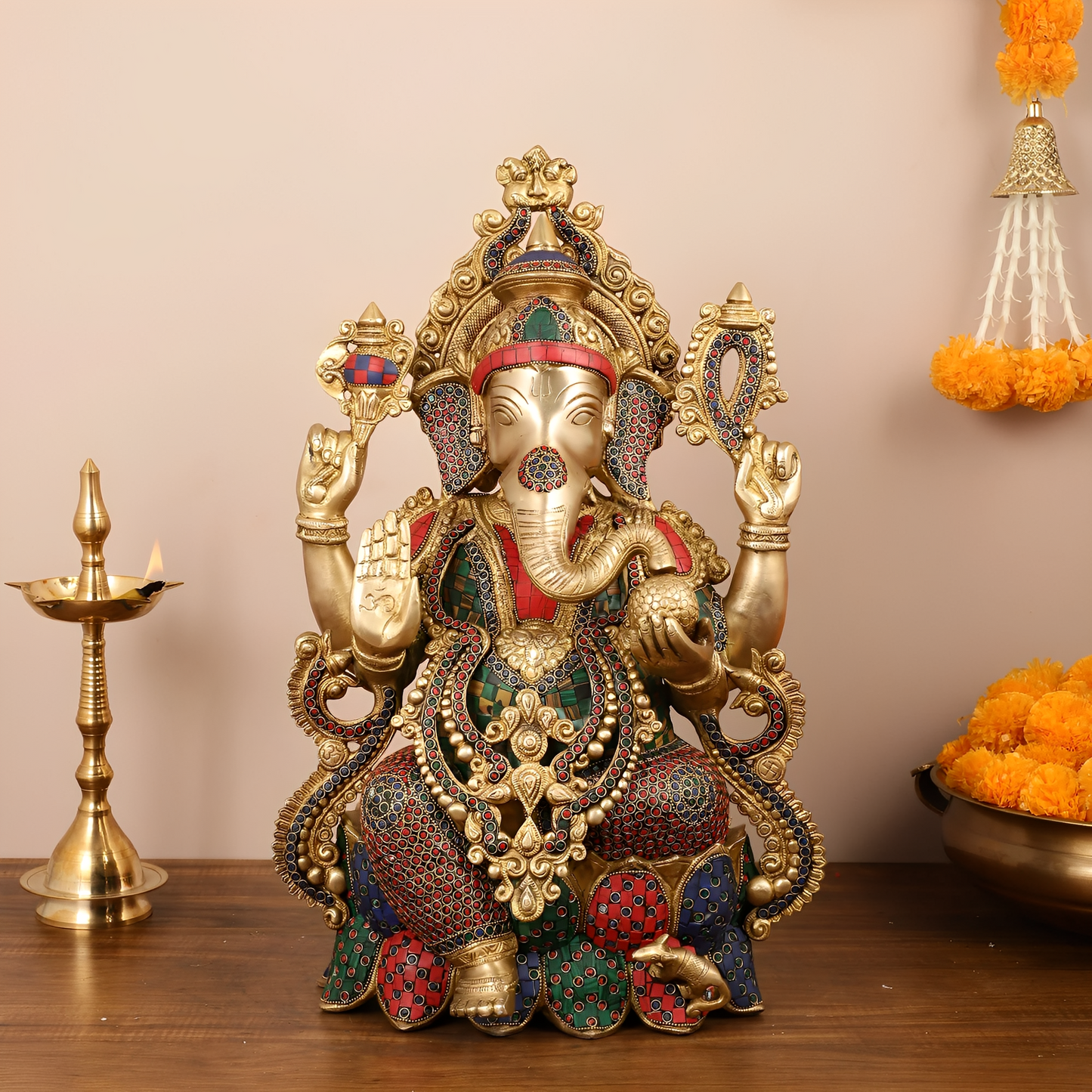 Brassaura™ Pure Brass Lord Ganesha Seated on Lotus | Handcrafted Stonework Idol | Weight 22 Kgs | Height 21 Inches