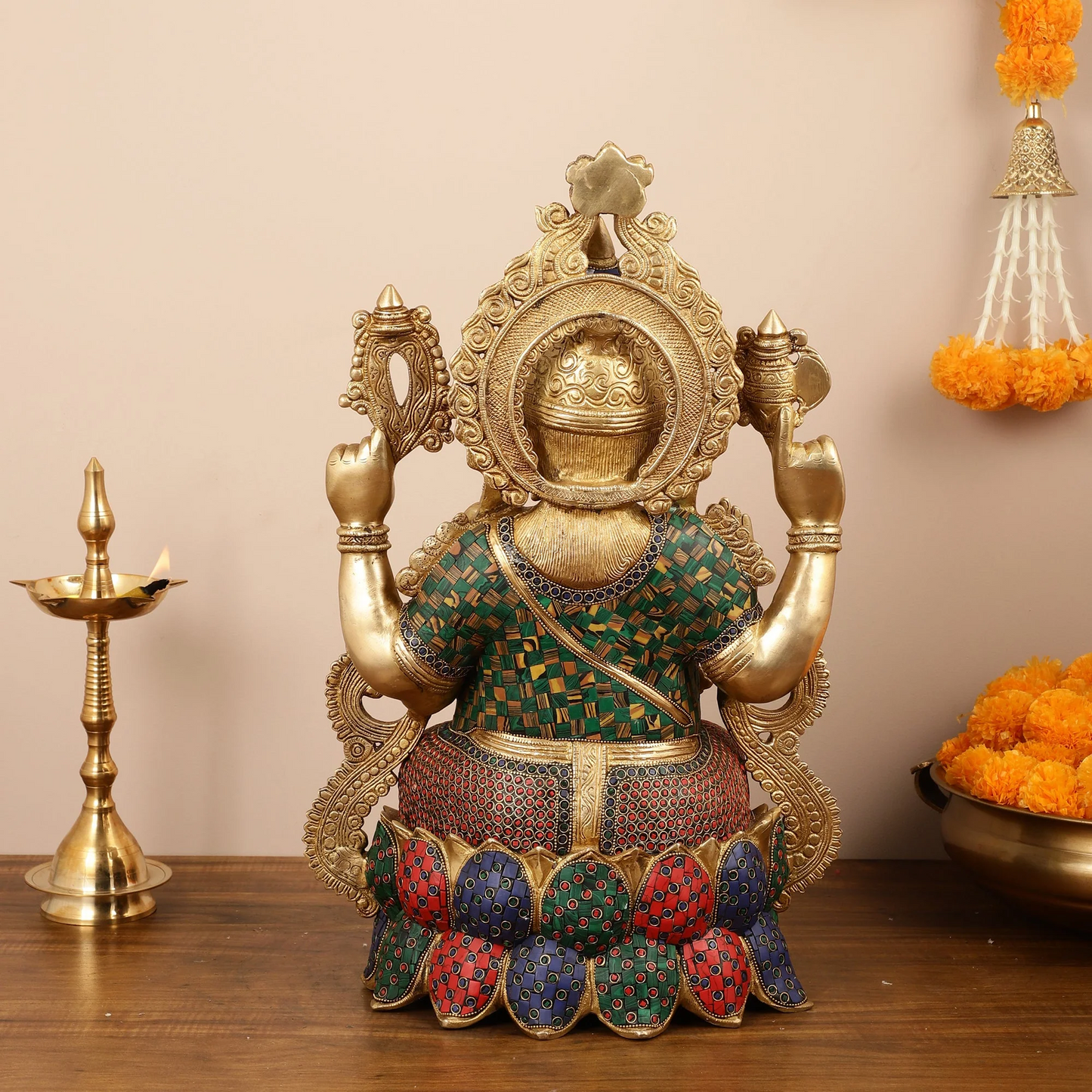 Brassaura™ Pure Brass Lord Ganesha Seated on Lotus | Handcrafted Stonework Idol | Weight 22 Kgs | Height 21 Inches