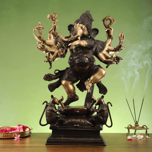 ब्रॉसुरा® होयसला शैली पीतल भगवान गणेश प्रतिमा | प्राचीन चोल कांस्य फ़िनिश | ऊँचाई 26 इंच