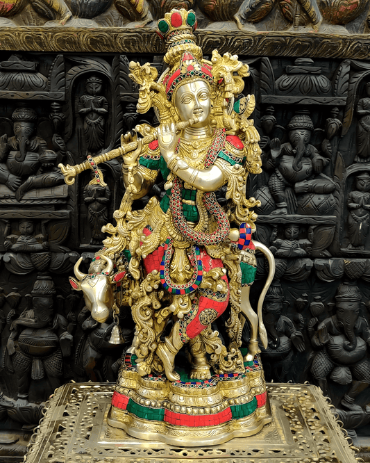 Brassaura™ Krishna with Cow | Pure Brass with Meenakari Ring & Stonework | Height 26.5 Inches & Weight 26 Kgs