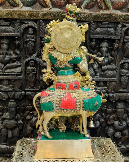 Brassaura® Krishna with Cow Brass Idol with Meenakari Ring & Stonework | Pure Brass Golden Finish | Brass Murti for Home Temple, Pooja Room, Spiritual Décor & Luxury Gifting | Height 26.5 Inches | Weight 26 Kg
