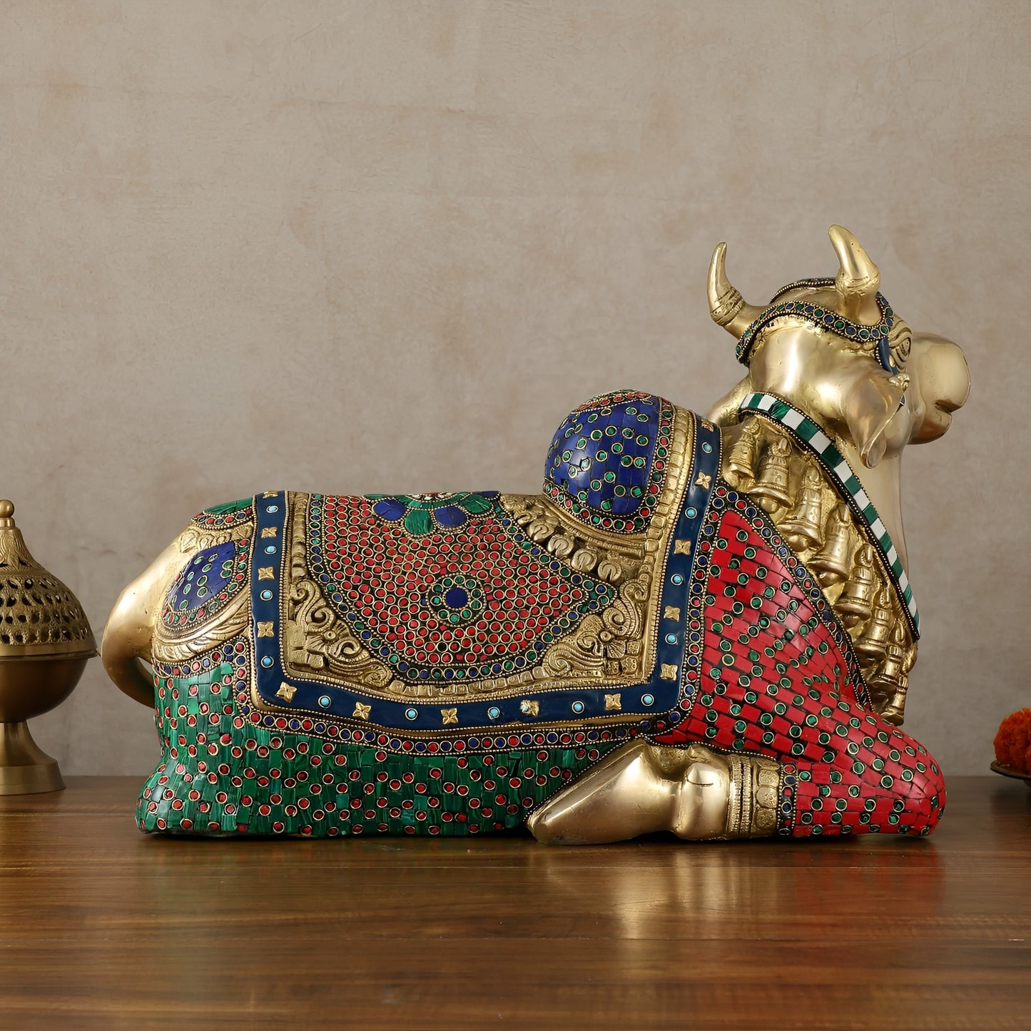 Brassaura™ Brass Nandi Statue with Stonework – Height 15 Inches & Weight 22.5 Kgs | Sacred Temple Décor