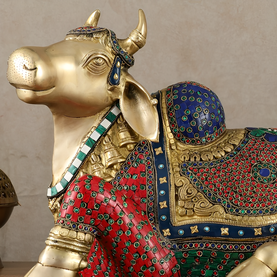 Brassaura™ Brass Nandi Statue with Stonework – Height 15 Inches & Weight 22.5 Kgs | Sacred Temple Décor