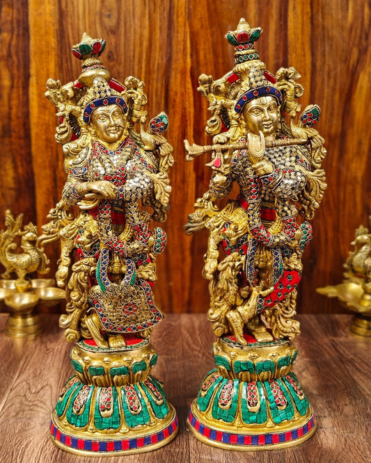 Brassaura™ Handcrafted Radha Krishna Statues – 21 Inch Height, 19 Kg Pair | Brass & Natural Stone Embellished