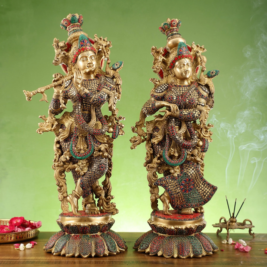 Brassaura™ Handcrafted Radha Krishna Brass Idols – 26 Inch Height, 40 Kg | South Indian Style with Lotus Base