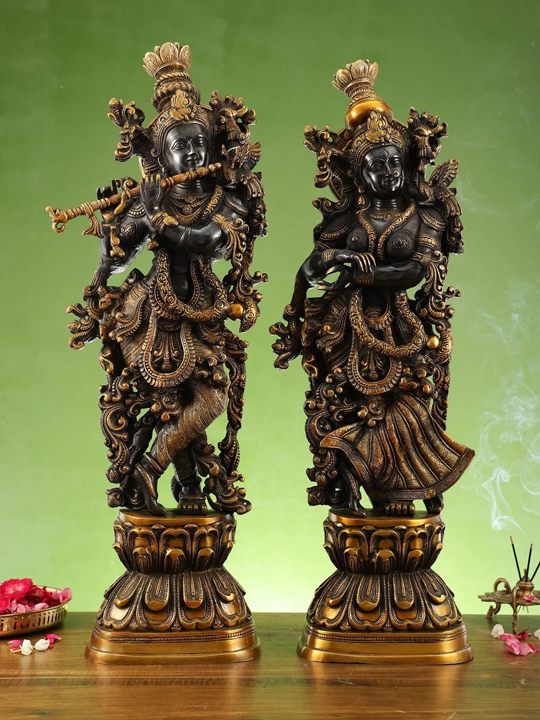 Brassaura™ Handmade Brass Radha Krishna Idol Pair with Black & Golden Finish – Height 29 Inches & Weight 32 Kgs | Devotional Statue