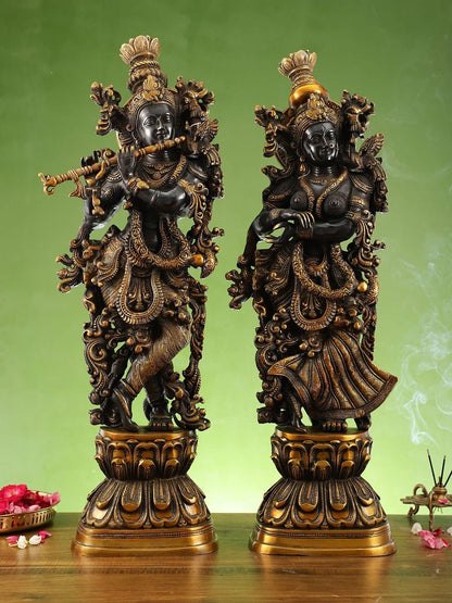 Brassaura™ Handmade Brass Radha Krishna Idol Pair with Black & Golden Finish – Height 29 Inches & Weight 32 Kgs | Devotional Statue