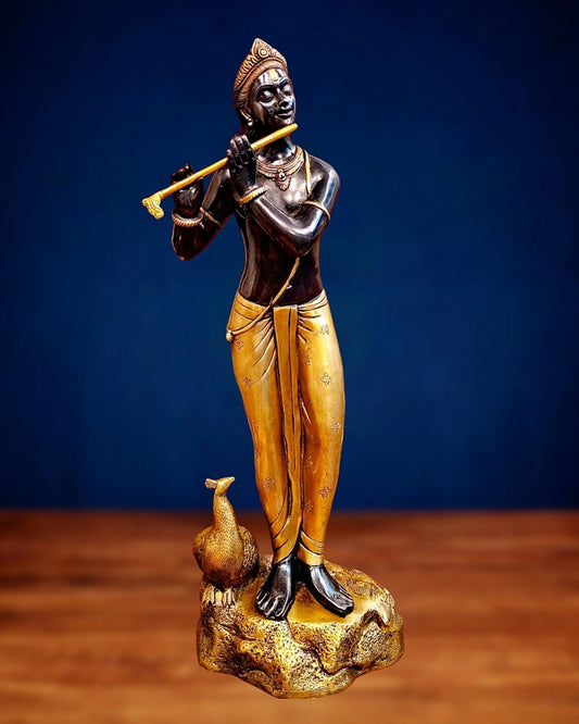 Brassaura™ Krishna Murlidhar Brass Idol – Height 29 Inches & Weight 18 Kgs | Black & Gold Finish