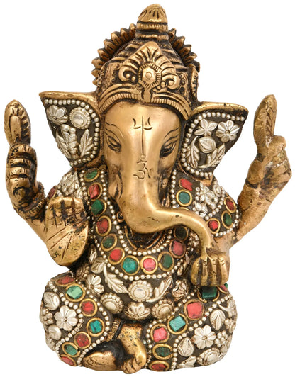 Brassaura® Lord Ganesha with Meenakari Inlay Work | Pure Brass | Height 4.5 Inches & Weight 0.70 kgs