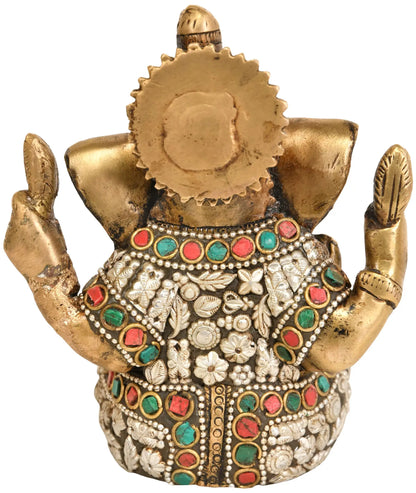 Brassaura® Lord Ganesha with Meenakari Inlay Work | Pure Brass | Height 4.5 Inches & Weight 0.70 kgs