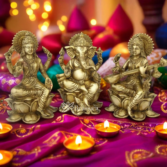 Brassaura™ Premium Brass Antique Laxmi Ganesha Saraswati Idol – Height 11" & Weight 12 Kgs | Hindu God Statue