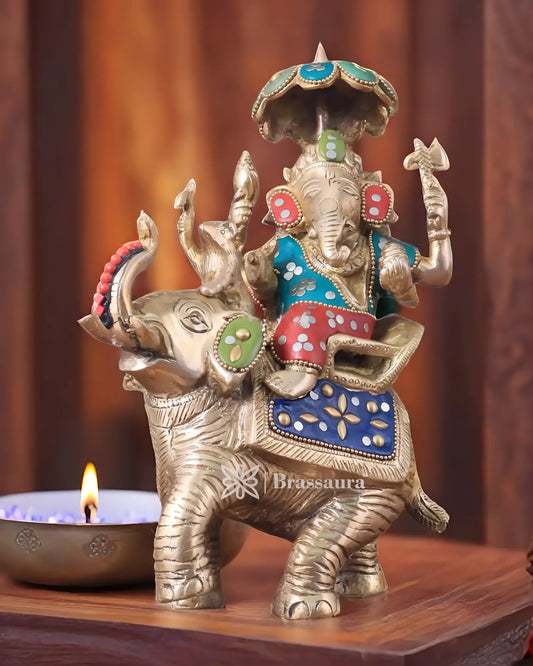 Brassaura™ Handcrafted Brass Ganesha on Ambari – 9.5" Height, 3 kg – Meenakari Stonework Idol