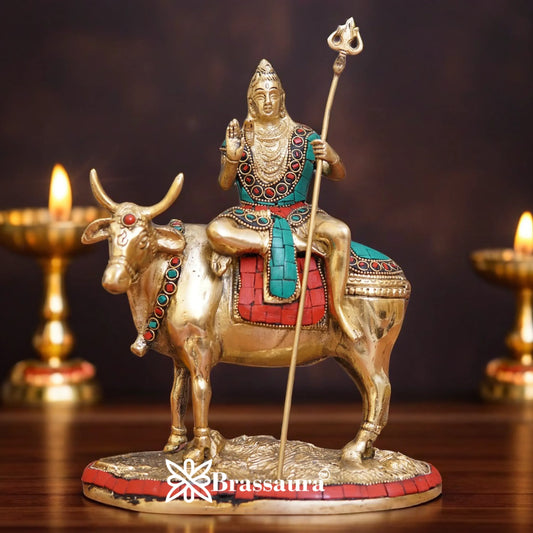 Brassaura™ Brass Gem Stone Work Shiva Sitting on Nandi , Height 9 Inches & Weight 3.4 Kgs