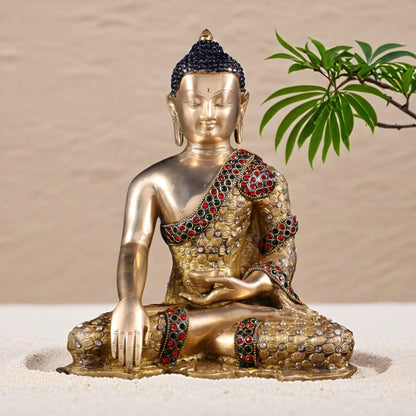 Brassaura™ Pure Brass Lord Buddha Statue with Nepalese Stone Inlay | Handcrafted Spiritual Décor | Weight 4.1 Kgs | Height 10.5 Inches