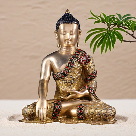 Brassaura™ Pure Brass Lord Buddha Statue with Nepalese Stone Inlay | Handcrafted Spiritual Décor | Weight 4.1 Kgs | Height 10.5 Inches