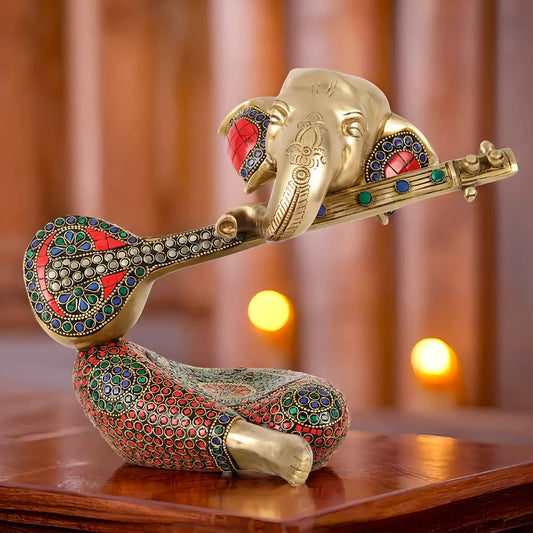 Brassaura™ Pure Brass Lord Ganesha with Veena Idol | Handcrafted Musical Showpiece | Weight 4.5 Kgs | Height 9.5 Inches