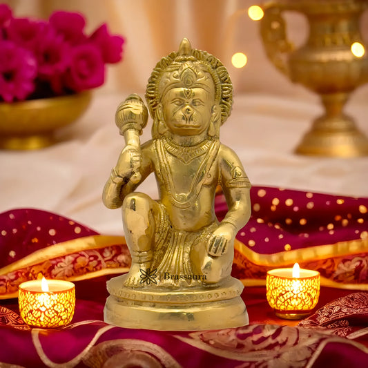 Brassaura™ Brass Sankat Mochan Hanuman Figure –Height 5.2 Inches & Weight 1 Kgs | Pooja & Festive Décor