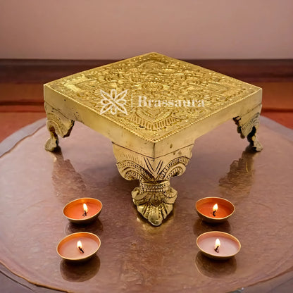 Brassaura™ Brass Pooja Chowki  – Height 2.4 Inches & Weight 1.1 Kgs | Home Temple & Spiritual Décor