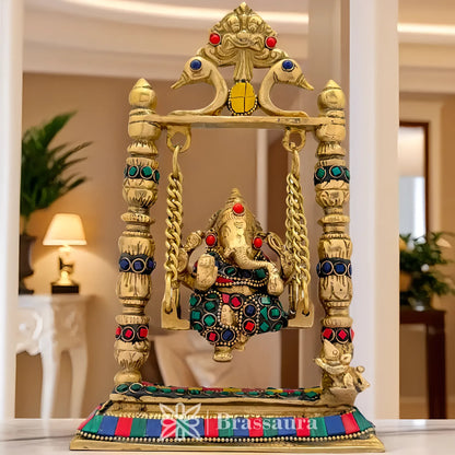 Brassaura™ Brass Gem Stone Work Ganesha Jhula Idol for Home and Decor | Weight 2 Kgs | Height 9.06 Inches