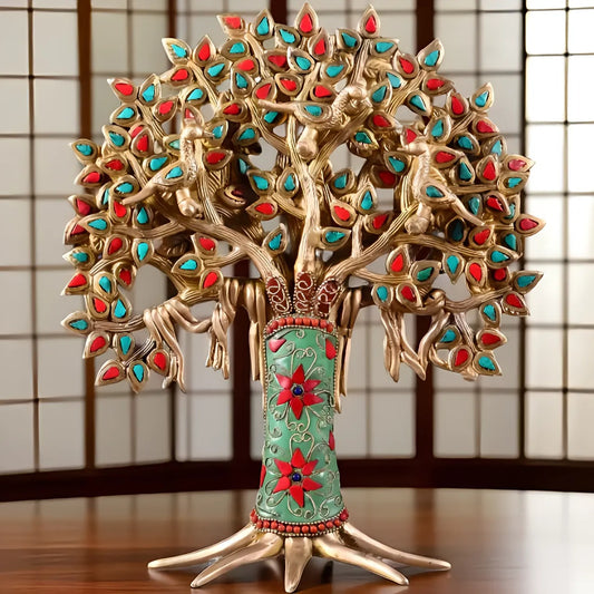 Brassaura™ Brass Kalpavriksha Tree of Life with Birds Showpiece | Handcrafted with Meenakari Stonework | Weight 2.52 Kgs | Height 12 Inches