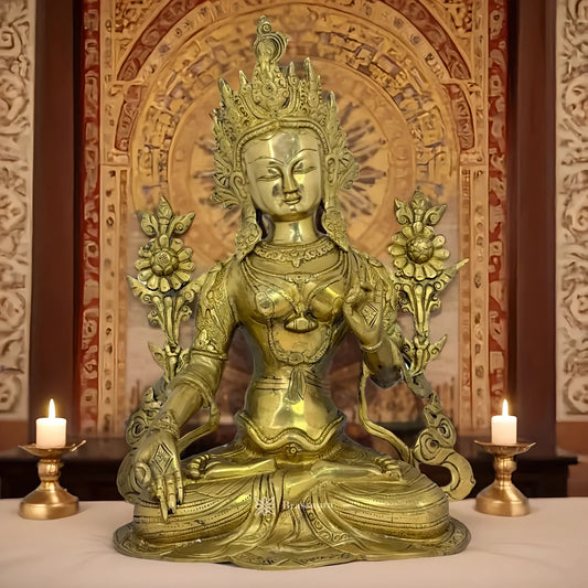 ब्रासौड़ा™ बड़ी बैठी हुई तारा देवी की प्रतिमा | दस्तकारी से बनी पीतल की तारा रानी की मूर्ति | ऊंचाई 15 इंच (38 सेमी) और वज़न 6.4 किलोग्राम