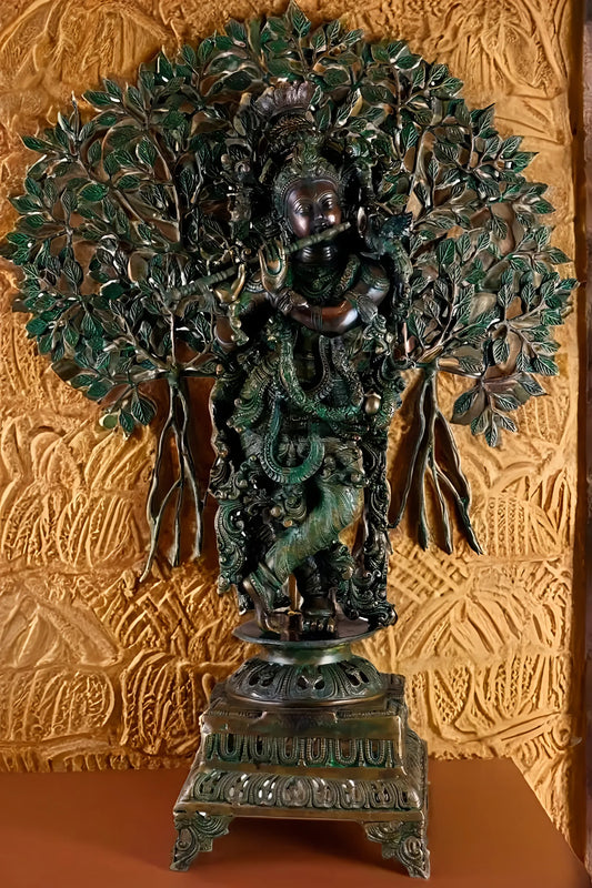 Brassaura™ Krishna Muralidhari Brass Idol – Height 35" | Weight 31 Kgs | Antique Gold Finish