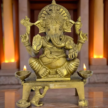 Brassaura™ Brass Ganesha Chowki Statue – Height 7.5 inches & Weight 2.35 kgs | Ganpati Diya Murti for Home & Pooja Room