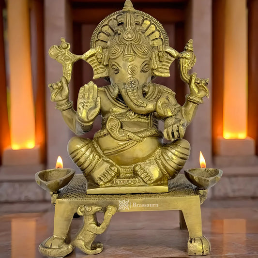 Brassaura™ Brass Ganesha Chowki Statue – Height 7.5 inches & Weight 2.35 kgs | Ganpati Diya Murti for Home & Pooja Room